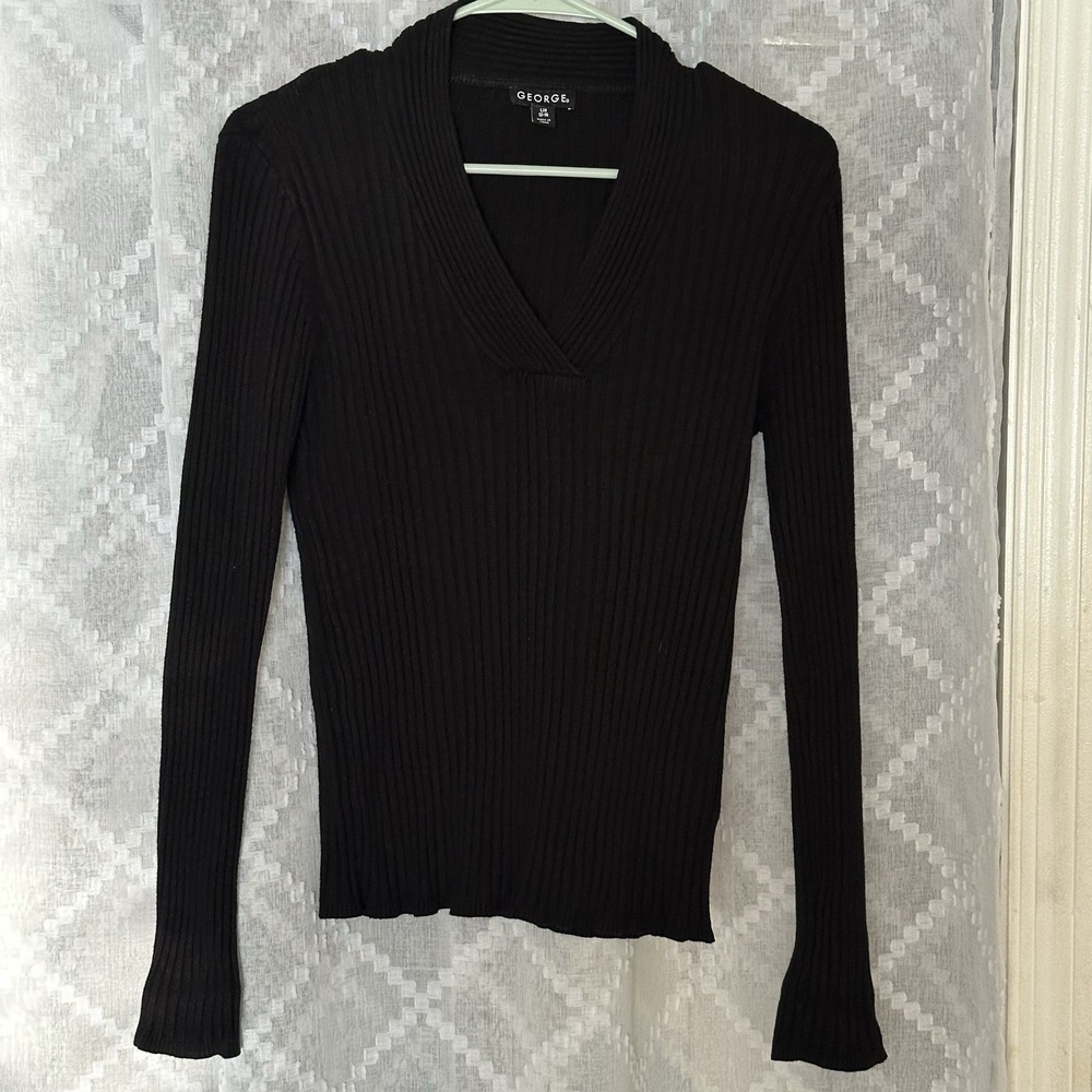 Y2k Black Minimalist Office Ribbed Deep V Neck Basic Sweater XL Capsulecore